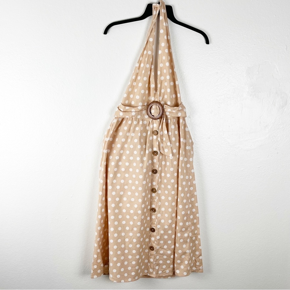 ASOS Tan With White Polka Dots Linen Blend Halter Top Belted Waist Dress Size 4